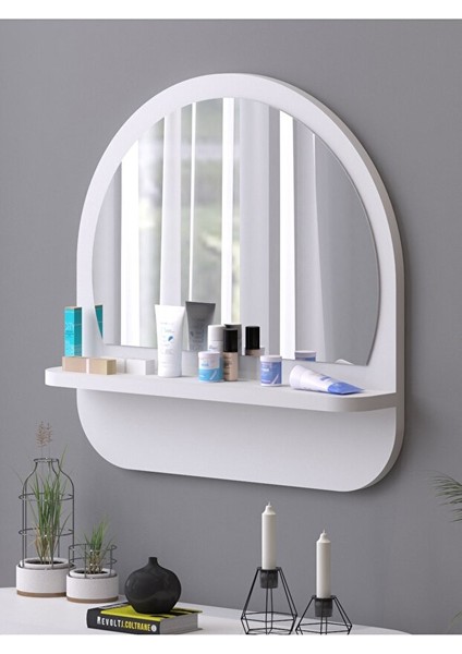 Raflı Oval 45 cm Koridor Dresuar Konsol Duvar Salon Banyo Ofis Çocuk Yatak Oda Raflı Aynası