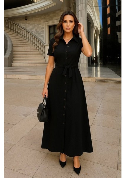 Eyesof Kadın Kısa Kollu Yakalı Önden Düğmeli Beli Kuşaklı Ithal Keten Elbise