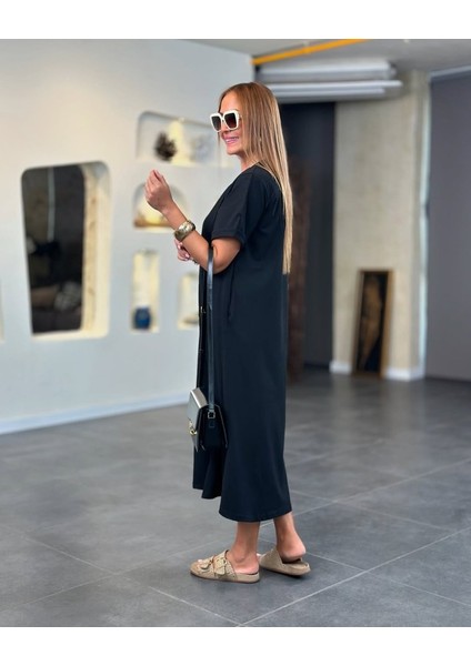 Eyesof Kadın Kısa Kollu V Yakalı Cep Detaylı Uzun Viskon Iki Iplik Elbise fırsatları
