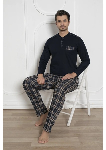 Erkek Ekose Desenli Likralı Pamuk Uzun Kol Kışlık Interlok Göğüs Cepli Pijama Takımı fiyatları