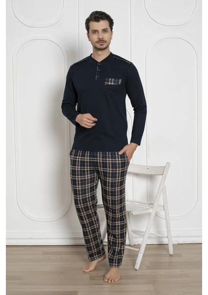Erkek Ekose Desenli Likralı Pamuk Uzun Kol Kışlık Interlok Göğüs Cepli Pijama Takımı modelleri