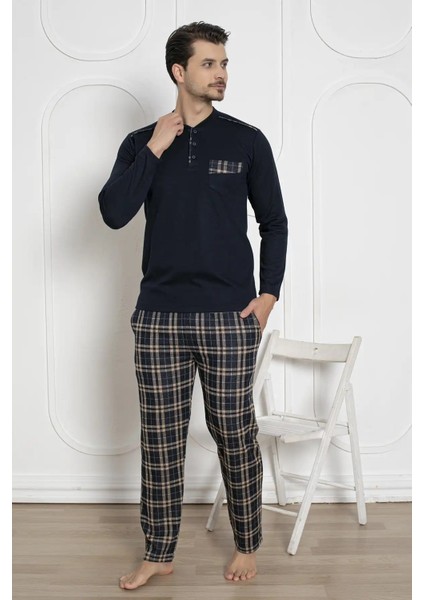 Erkek Ekose Desenli Likralı Pamuk Uzun Kol Kışlık Interlok Göğüs Cepli Pijama Takımı fırsatları