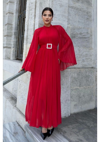 Plise Detaylı Kemerli Rahat Form Abiye Elbise 2183-KIRMIZI