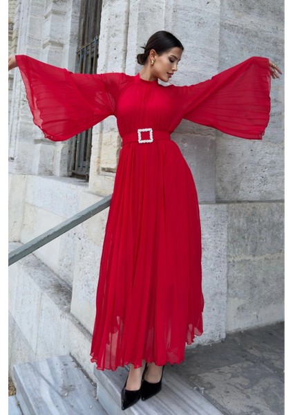 Plise Detaylı Kemerli Rahat Form Abiye Elbise 2183-KIRMIZI fiyatları