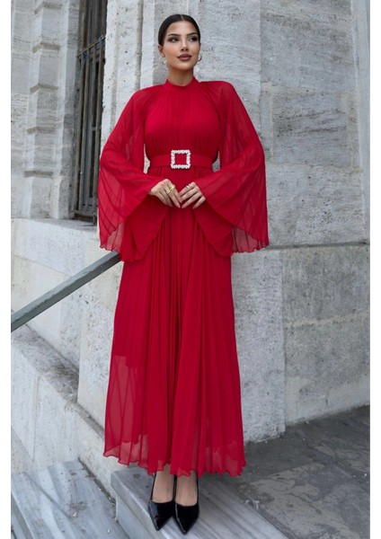 Plise Detaylı Kemerli Rahat Form Abiye Elbise 2183-KIRMIZI fırsatları