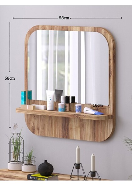 Raflı Kare 58 cm Koridor Dresuar Konsol Duvar Salon Banyo Ofis Çocuk Yatak Oda Raflı Aynası indirimleri