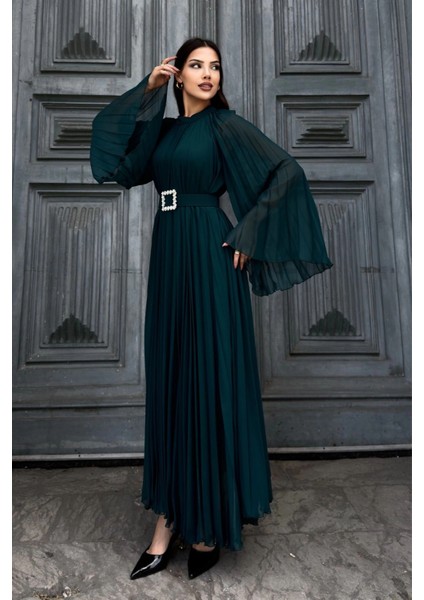 Plise Detaylı Kemerli Rahat Form Abiye Elbise 2183-YEŞIL fiyatları