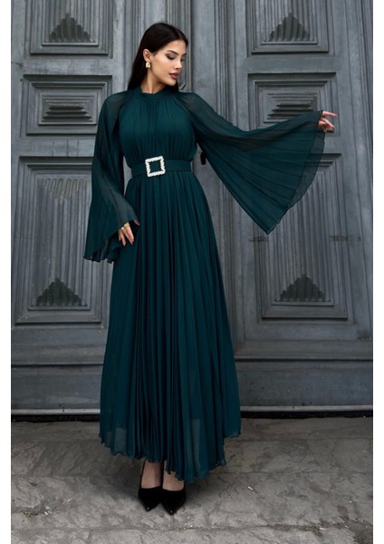 Plise Detaylı Kemerli Rahat Form Abiye Elbise 2183-YEŞIL modelleri