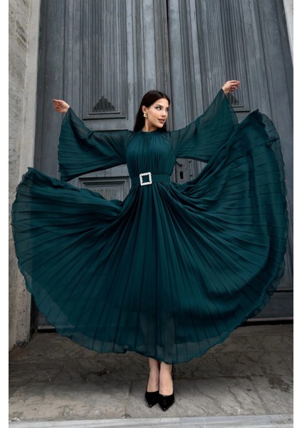 Plise Detaylı Kemerli Rahat Form Abiye Elbise 2183-YEŞIL fırsatları