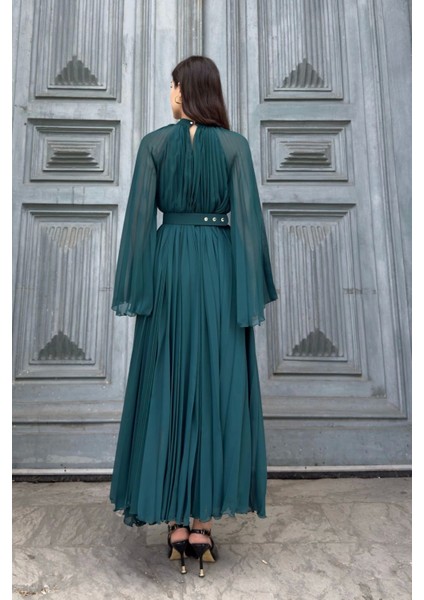 Plise Detaylı Kemerli Rahat Form Abiye Elbise 2183-YEŞIL indirimleri