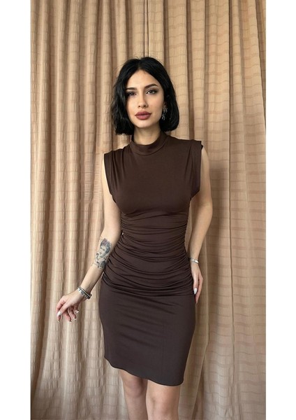 Eyesof Kahverengi Büzgülü Kolsuz Elbise modelleri