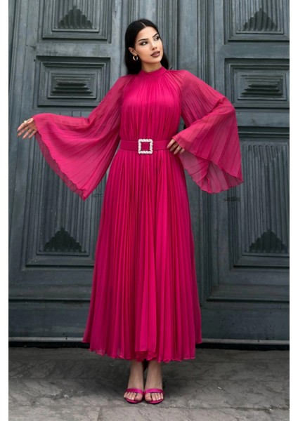 Plise Detaylı Kemerli Rahat Form Abiye Elbise 2183-FUŞYA