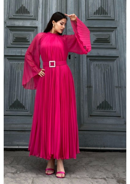 Plise Detaylı Kemerli Rahat Form Abiye Elbise 2183-FUŞYA fiyatları