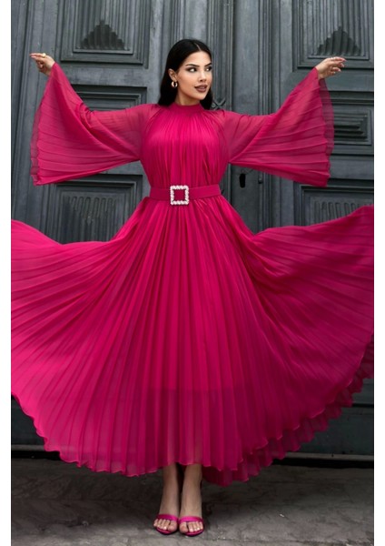 Plise Detaylı Kemerli Rahat Form Abiye Elbise 2183-FUŞYA fırsatları