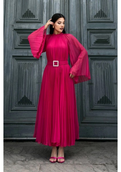 Plise Detaylı Kemerli Rahat Form Abiye Elbise 2183-FUŞYA indirimleri