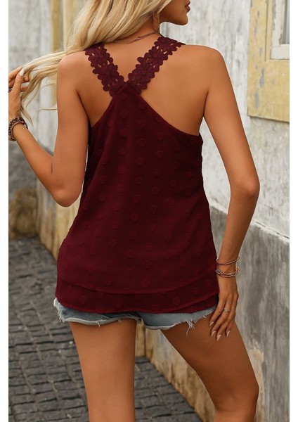 Eyesof Kadın Dantel Askılı V Yakalı Sırtı Çapraz Detaylı Ponpon Bluz indirimleri