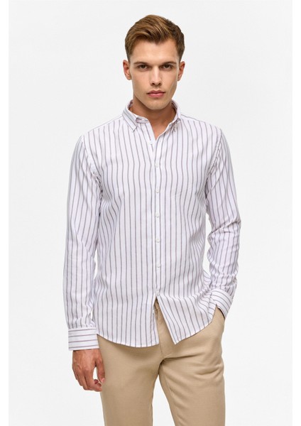 Koyu Kahve Slim Çizgili Düğmeli Yaka Gömlek fiyatları