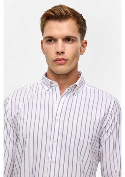 Koyu Kahve Slim Çizgili Düğmeli Yaka Gömlek modelleri