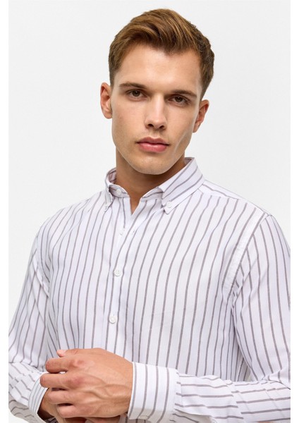 Koyu Kahve Slim Çizgili Düğmeli Yaka Gömlek fırsatları