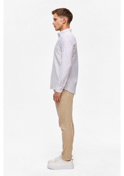 Koyu Kahve Slim Çizgili Düğmeli Yaka Gömlek indirimleri