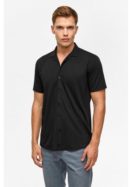Siyah Slim Fitilli Apaş Yaka Gömlek