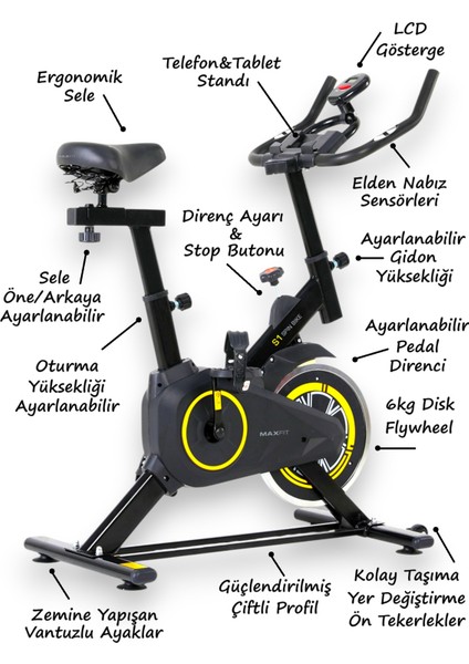 Garantili Maxfit S1 Spinbike Direnç Ayarlı Elden Nabız Ölçer Ayarlanabilir Sele ve Gidon