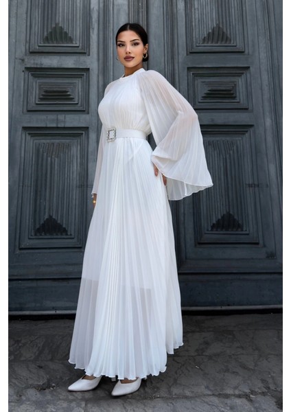 Plise Detaylı Kemerli Rahat Form Abiye Elbise 2183-BEYAZ