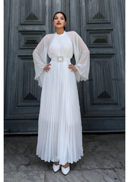 Plise Detaylı Kemerli Rahat Form Abiye Elbise 2183-BEYAZ modelleri