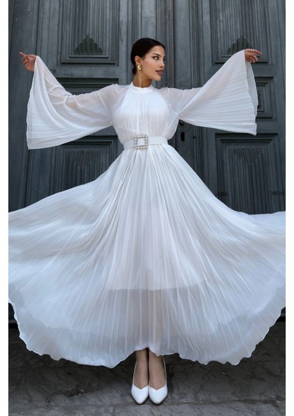 Plise Detaylı Kemerli Rahat Form Abiye Elbise 2183-BEYAZ indirimleri