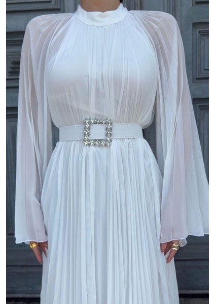 Plise Detaylı Kemerli Rahat Form Abiye Elbise 2183-BEYAZ