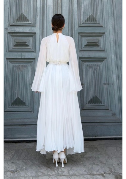 Plise Detaylı Kemerli Rahat Form Abiye Elbise 2183-BEYAZ