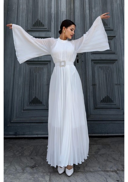 Plise Detaylı Kemerli Rahat Form Abiye Elbise 2183-BEYAZ fiyatları