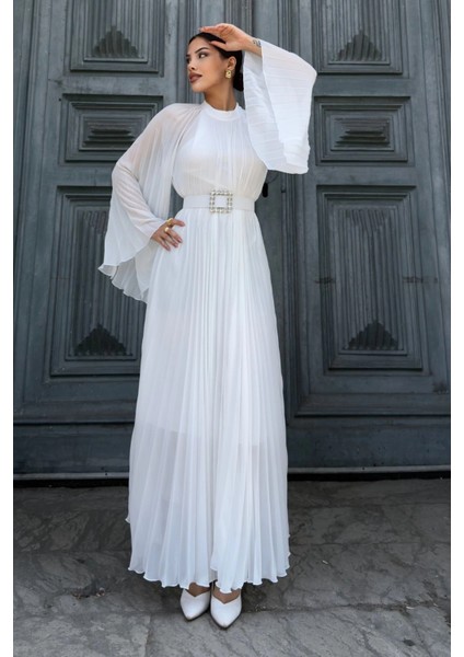 Plise Detaylı Kemerli Rahat Form Abiye Elbise 2183-BEYAZ fırsatları