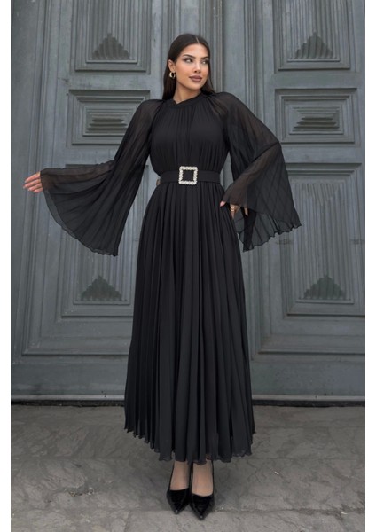 Plise Detaylı Kemerli Rahat Form Abiye Elbise 2183-SIYAH