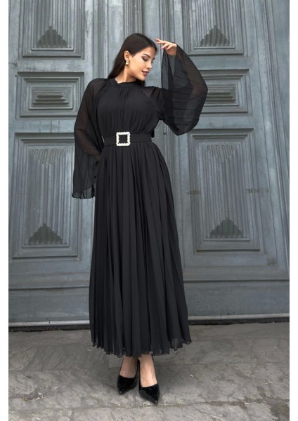 Plise Detaylı Kemerli Rahat Form Abiye Elbise 2183-SIYAH fiyatları