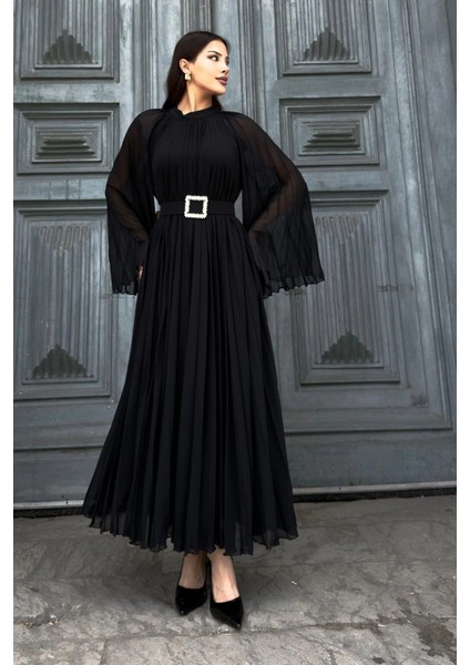 Plise Detaylı Kemerli Rahat Form Abiye Elbise 2183-SIYAH modelleri