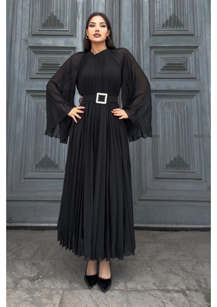 Plise Detaylı Kemerli Rahat Form Abiye Elbise 2183-SIYAH fırsatları