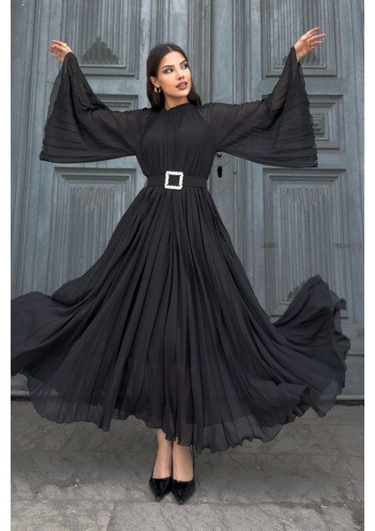 Plise Detaylı Kemerli Rahat Form Abiye Elbise 2183-SIYAH indirimleri