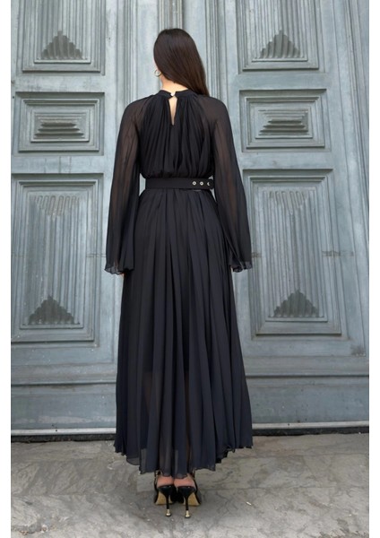 Plise Detaylı Kemerli Rahat Form Abiye Elbise 2183-SIYAH