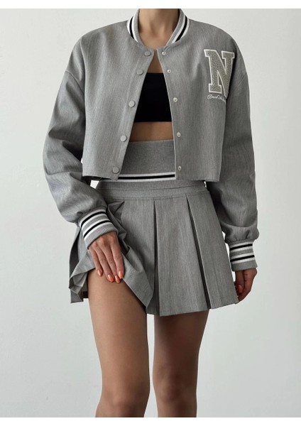 Harf Nakışlı Ribanalı Kısa Bomber Ceket-Gri