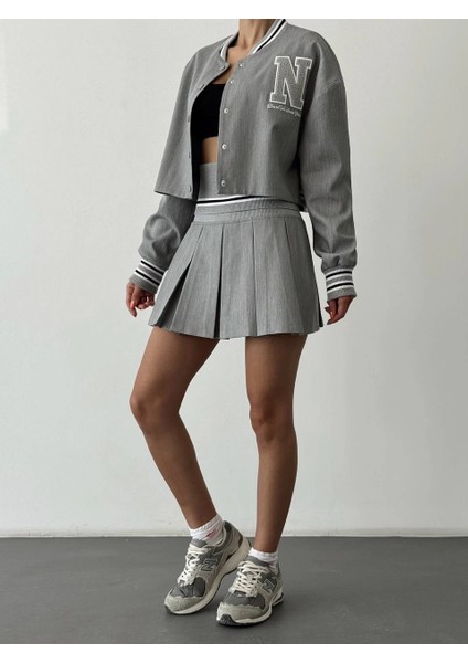 Harf Nakışlı Ribanalı Kısa Bomber Ceket-Gri modelleri