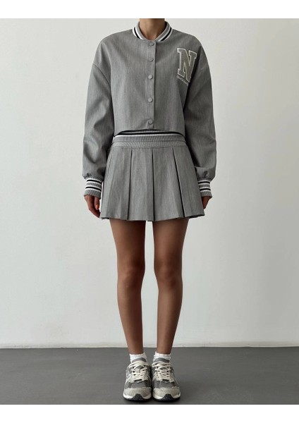 Harf Nakışlı Ribanalı Kısa Bomber Ceket-Gri fırsatları