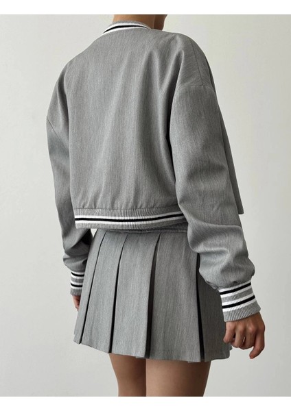 Harf Nakışlı Ribanalı Kısa Bomber Ceket-Gri indirimleri