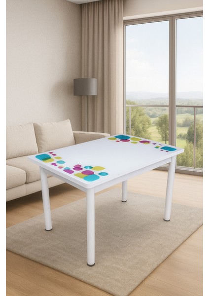 Yandan Açılır Büyüyen Cam Mutfak Masası Damla-Beyaz Ayaklı 70X110CM