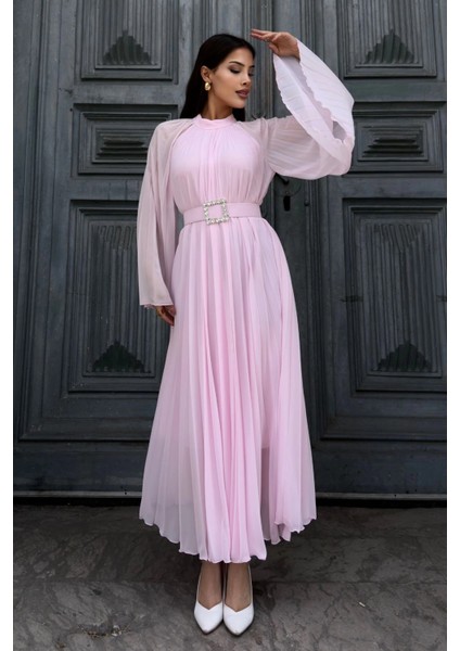 Plise Detaylı Kemerli Rahat Form Abiye Elbise 2183-PEMBE