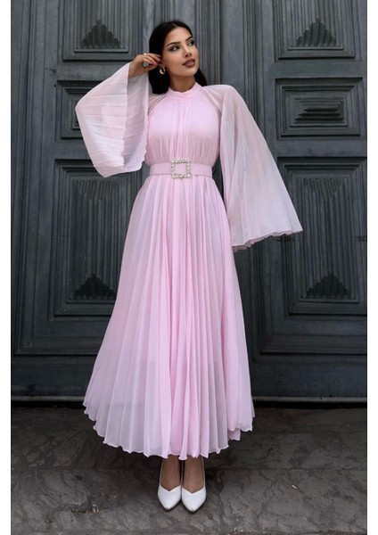 Plise Detaylı Kemerli Rahat Form Abiye Elbise 2183-PEMBE fiyatları