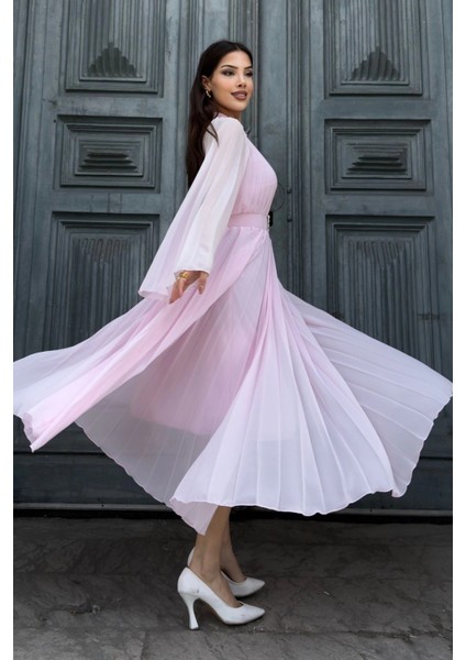 Plise Detaylı Kemerli Rahat Form Abiye Elbise 2183-PEMBE modelleri