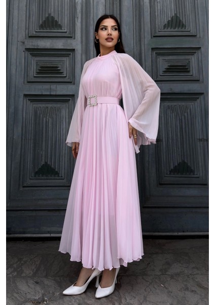 Plise Detaylı Kemerli Rahat Form Abiye Elbise 2183-PEMBE fırsatları