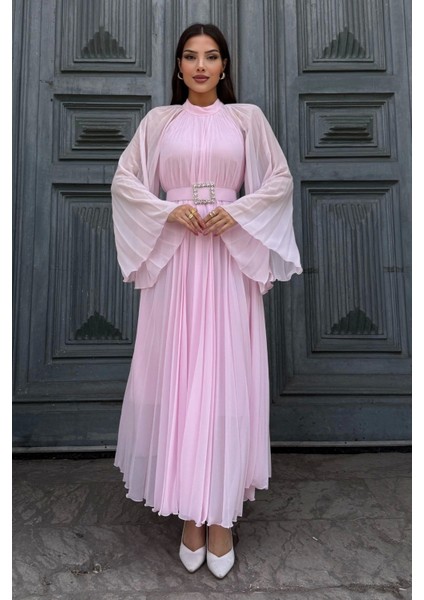 Plise Detaylı Kemerli Rahat Form Abiye Elbise 2183-PEMBE indirimleri