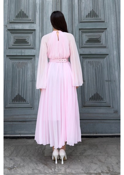 Plise Detaylı Kemerli Rahat Form Abiye Elbise 2183-PEMBE